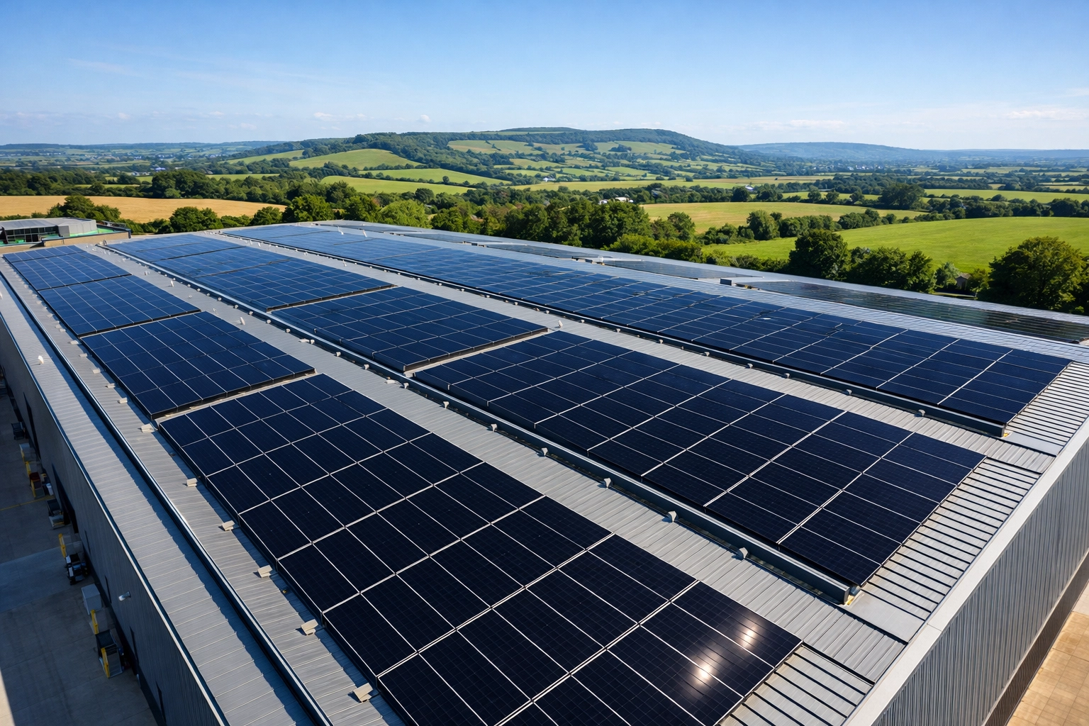 Aerial view of commercial warehouse rooftop with business solar panels in the Dorset countryside
