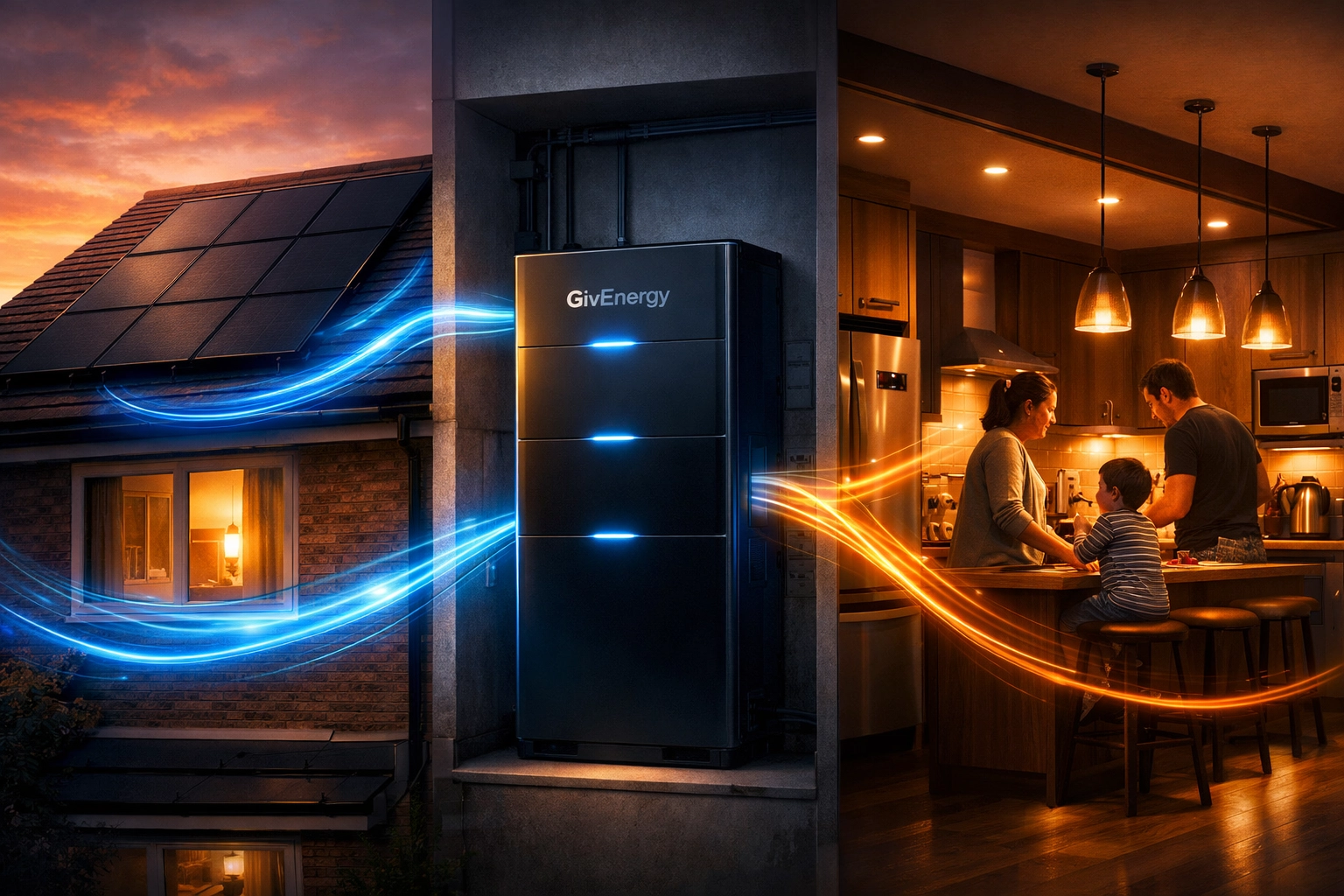 Solar energy flowing from roof panels through battery storage to power home appliances in evening