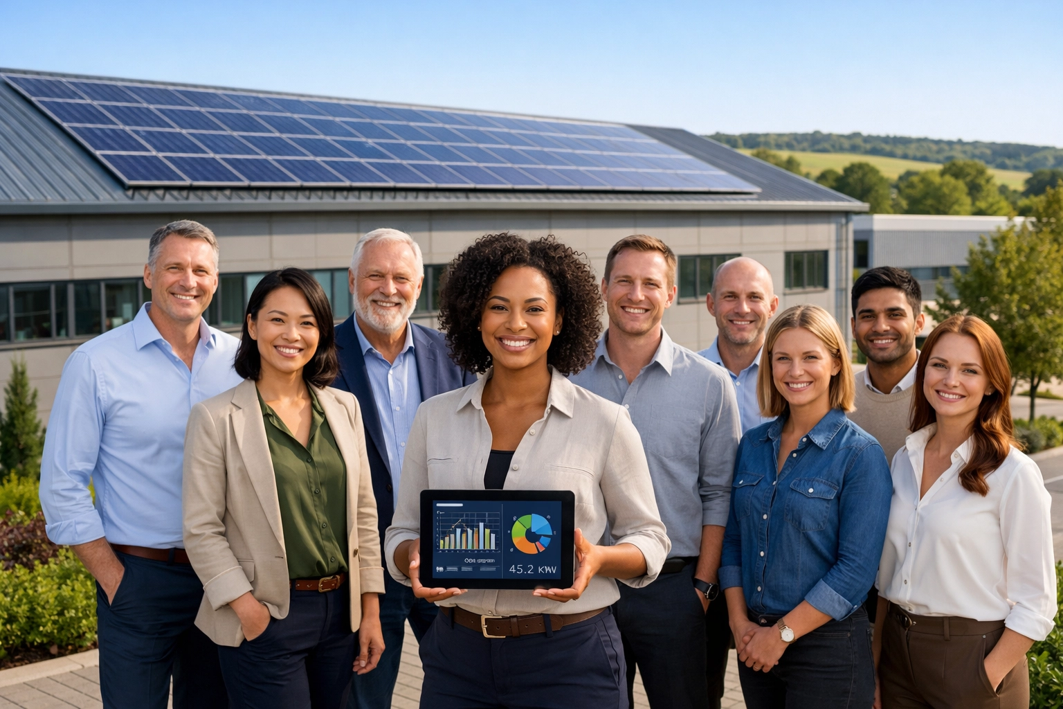 Dorset business team standing proudly outside their commercial building with rooftop solar installation