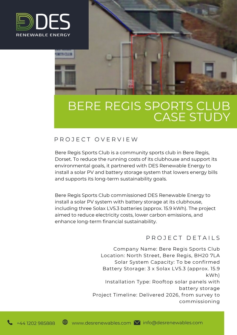 Bere Regis Sports Club solar installation by DES Renewable Energy
