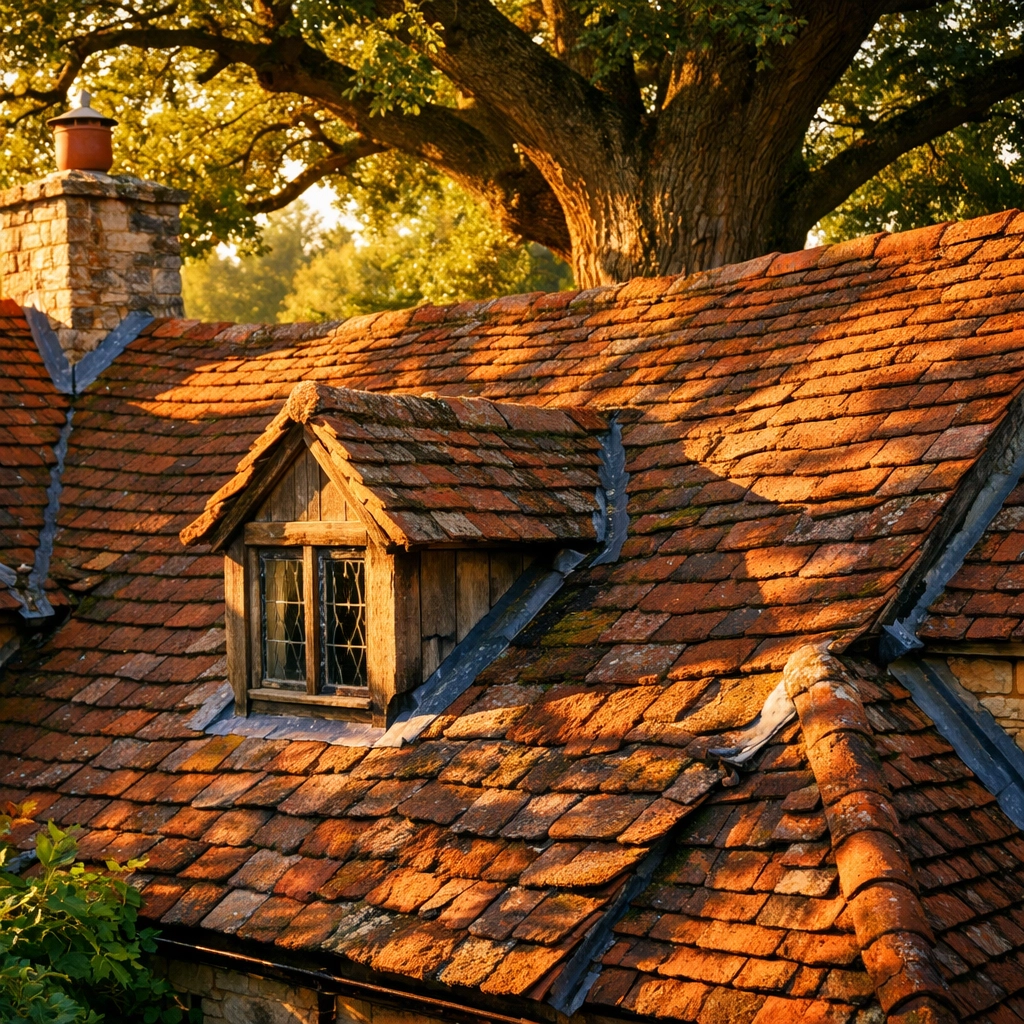Dorset cottage roof with tree casting shadows illustrating solar panel suitability challenges