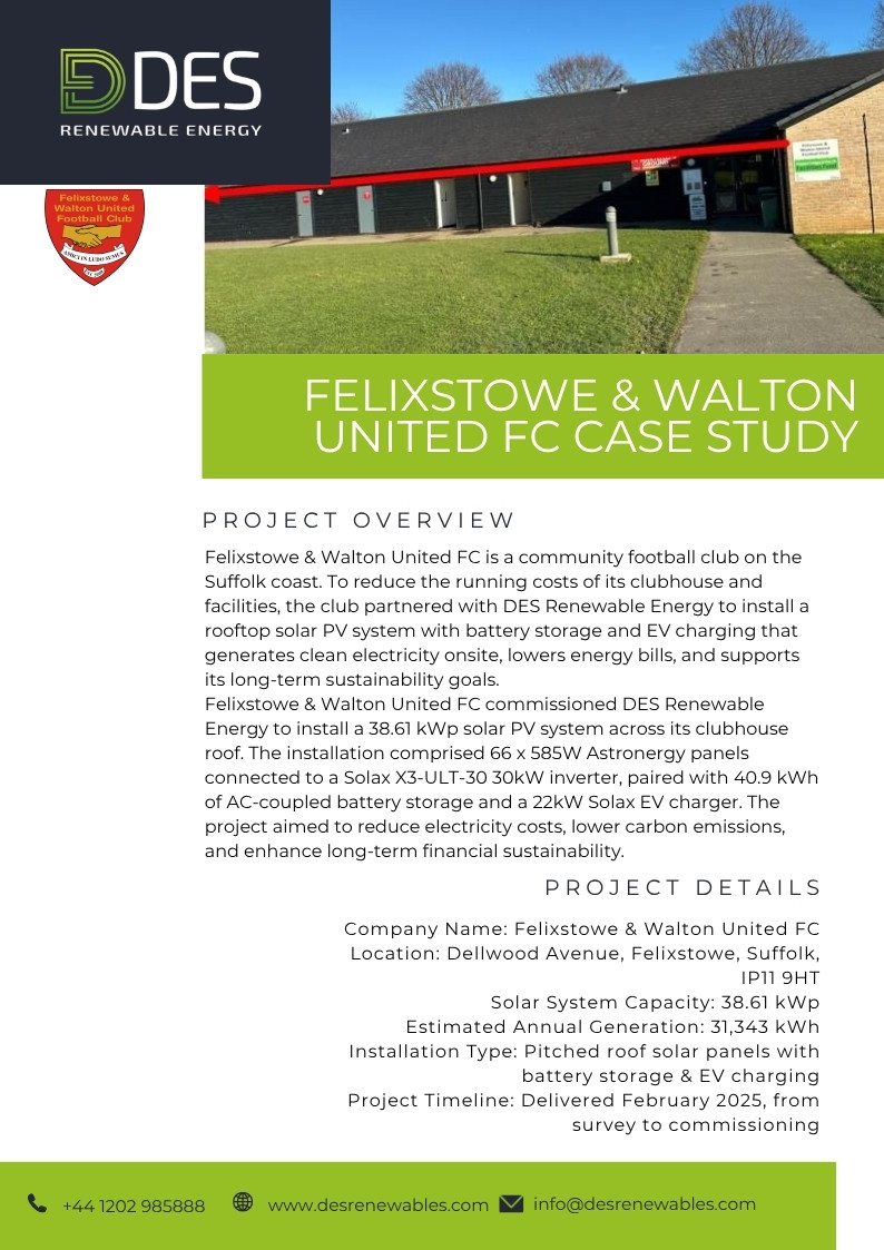 Felixstowe & Walton United FC solar installation by DES Renewable Energy