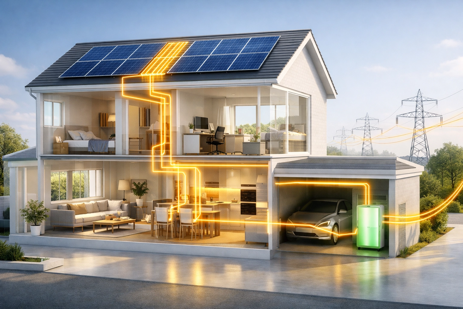 Solar energy flowing from rooftop panels through battery storage back to the grid