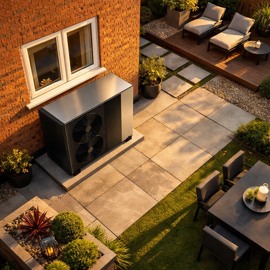 Air-source heat pump outdoor unit installed in UK home garden