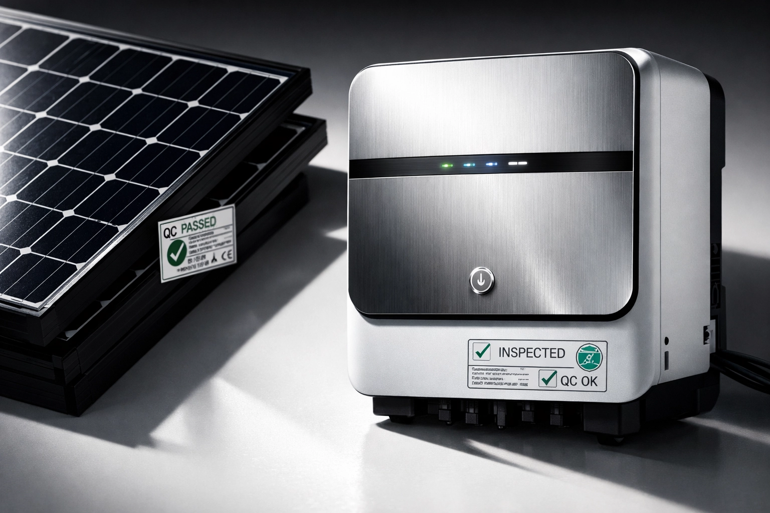 MCS-certified solar panels and inverter undergoing quality testing and inspection