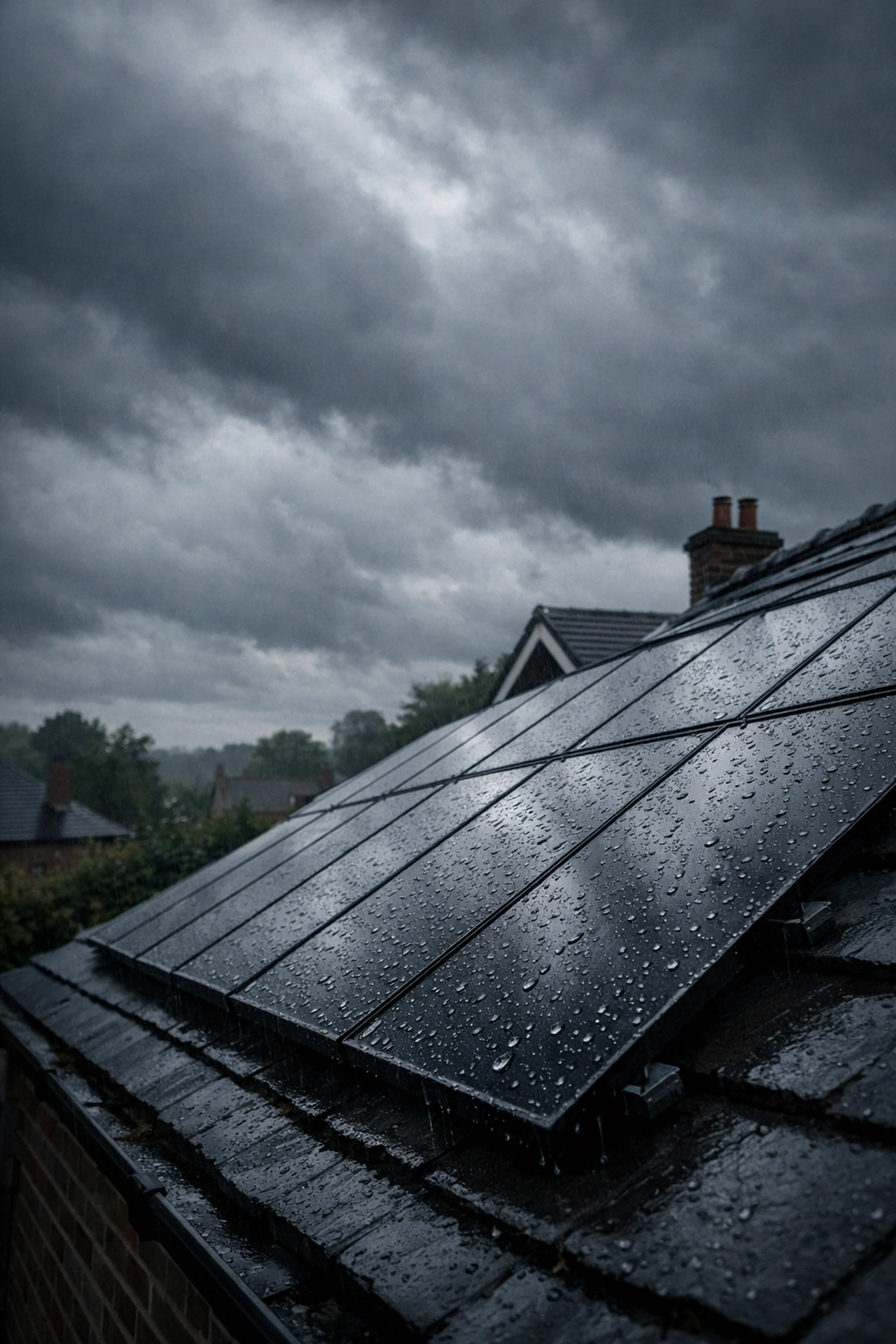 Solar panels on residential roof under cloudy British weather conditions