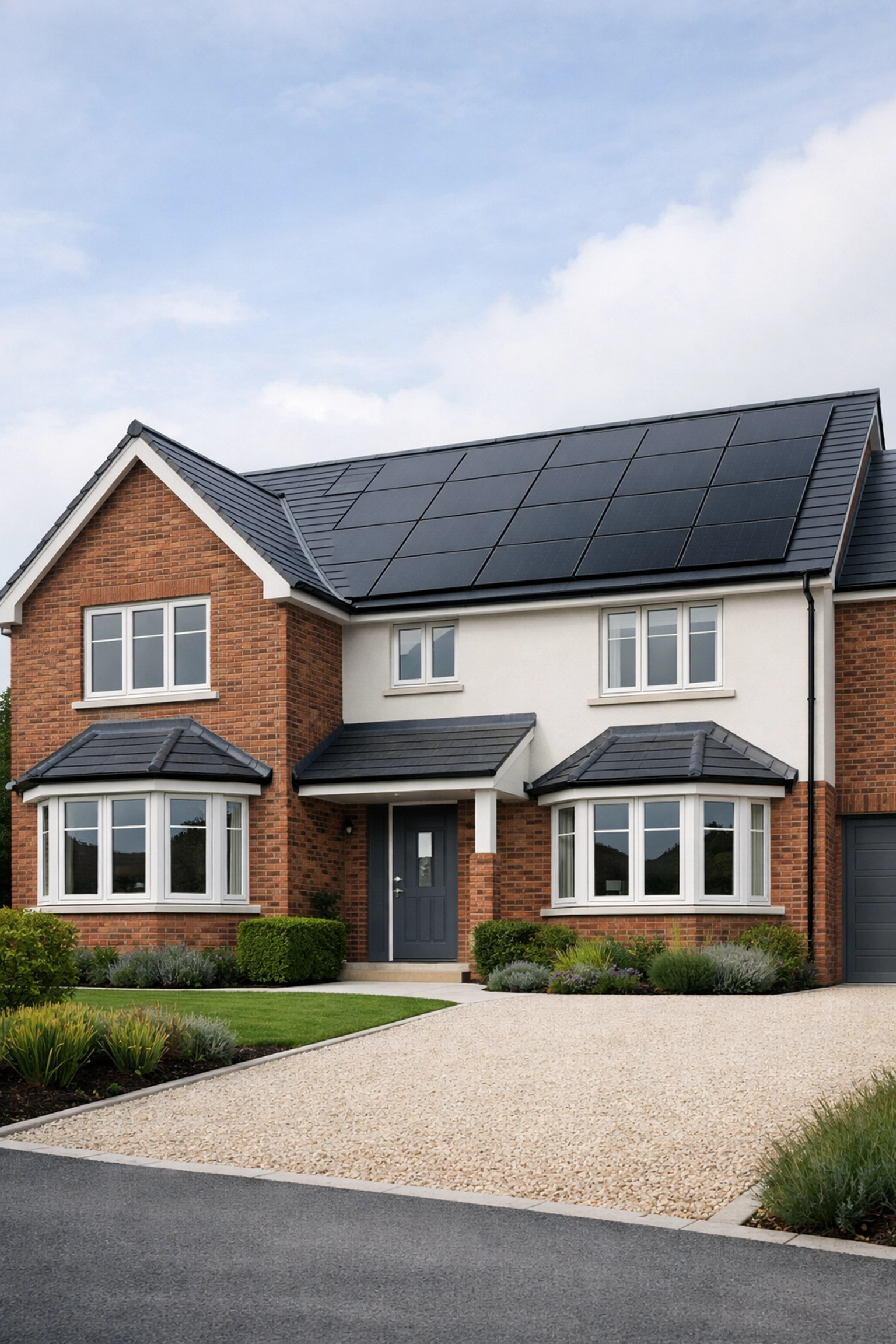 Modern British home with black solar panels seamlessly integrated into a slate roof