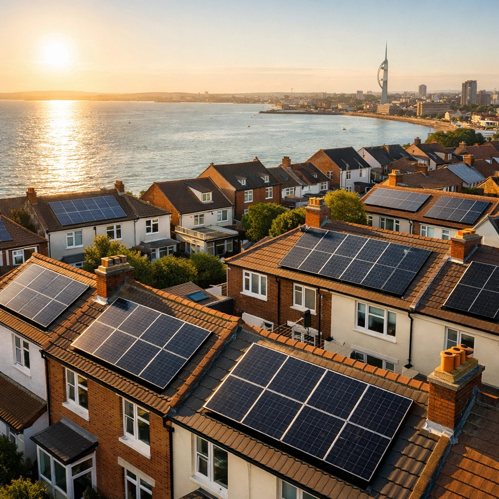 Solar panels installed on Portsmouth coastal homes with the Solent waterway in background