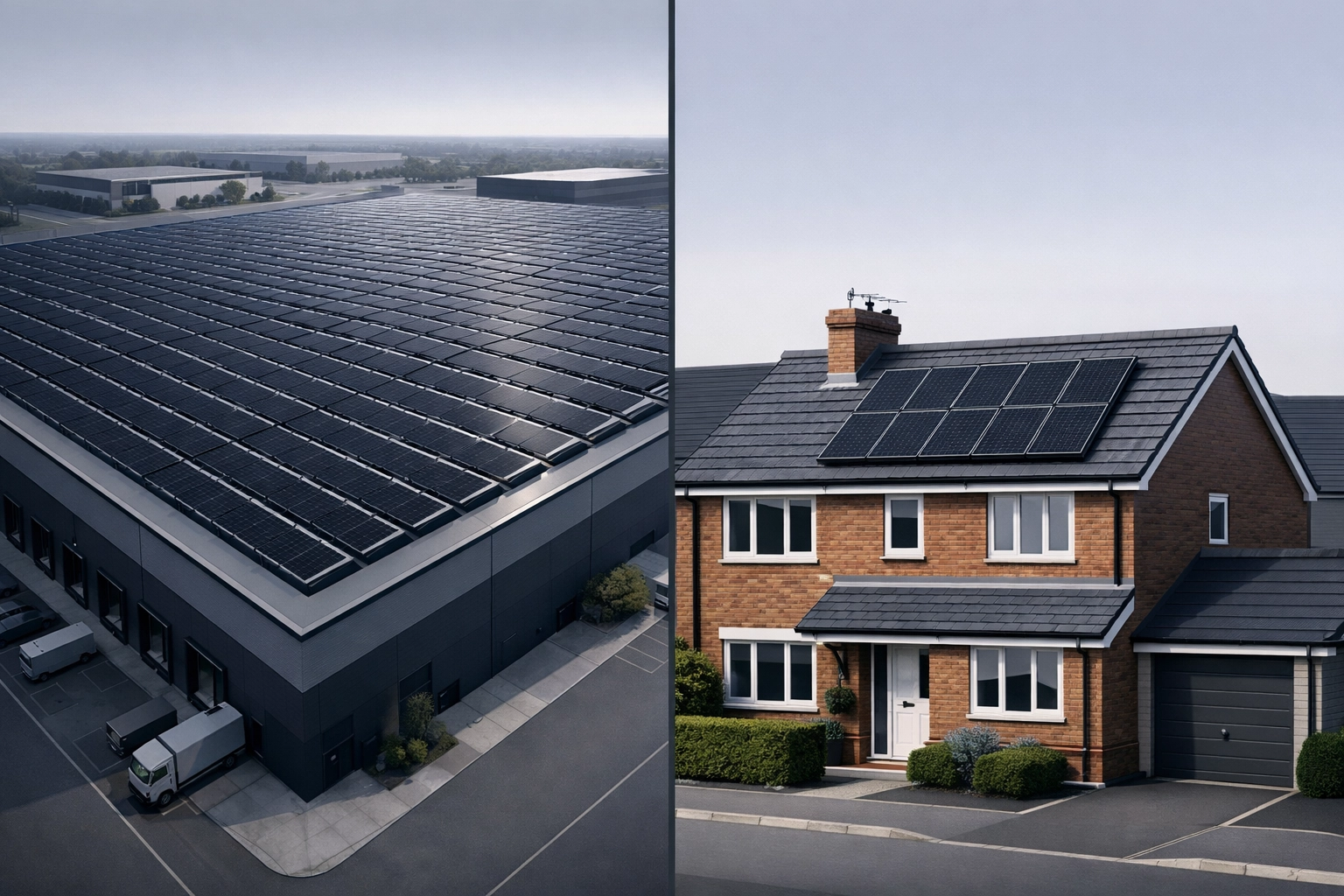 Commercial warehouse solar installation vs residential home solar system showing scale difference