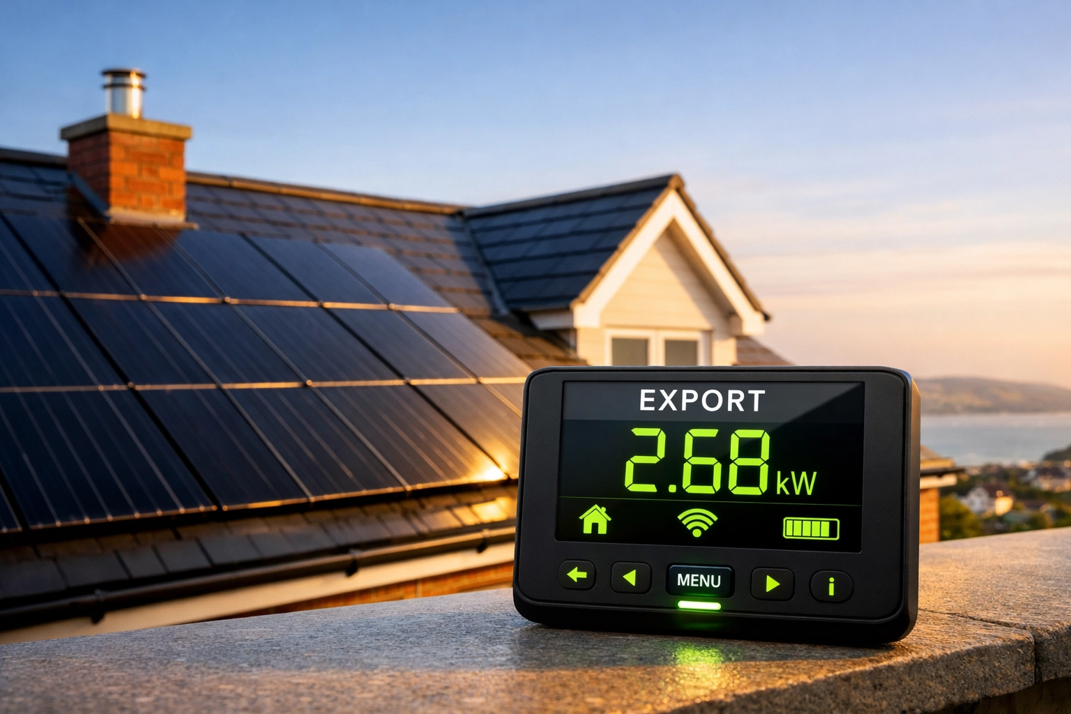 Solar panels on Poole home with smart meter displaying export readings for SEG payments