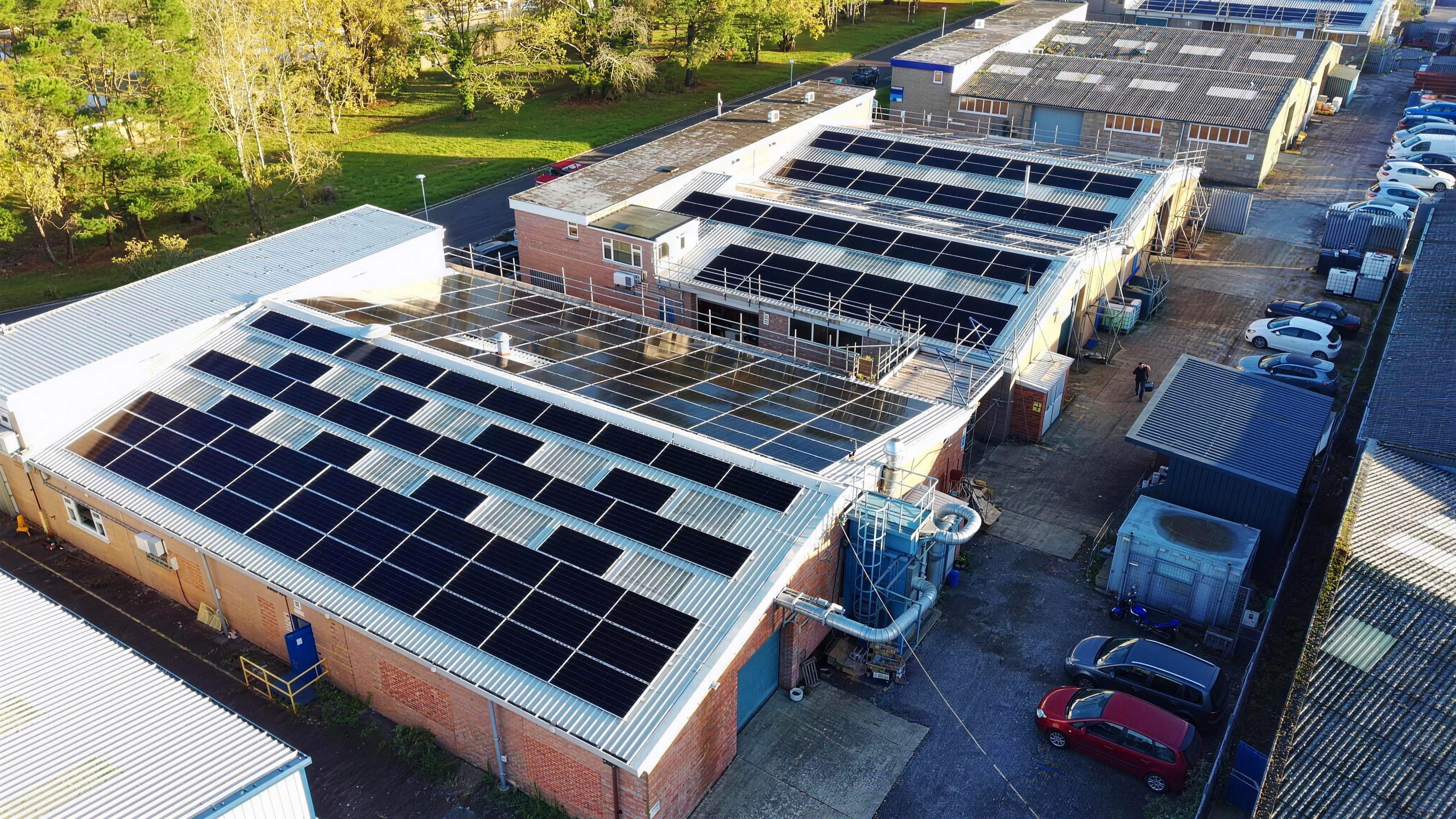 Solar panels on the T3 unit roof at TransDev, Poole, installed by DES Renewables
