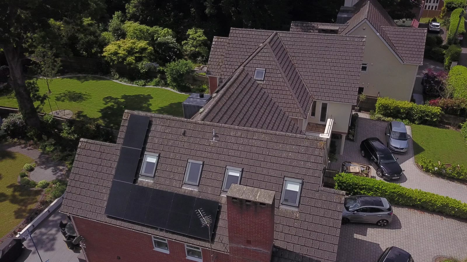 Close aerial view of solar panels with bird proofing on an Eastleigh home