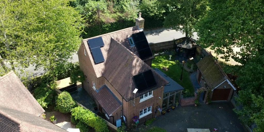 Solar panels on a Wimborne home installed by DES Renewable Energy with a Tesla Powerwall 3